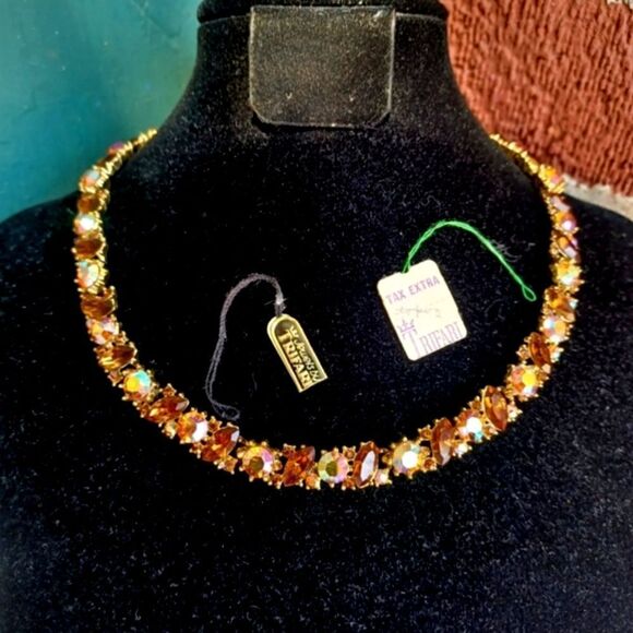 VTG SIGNED TRIFARI AB TOPAZ RHINESTONE GOLD TONE NECKLACE w/tags box 1960 - Picture 9 of 16